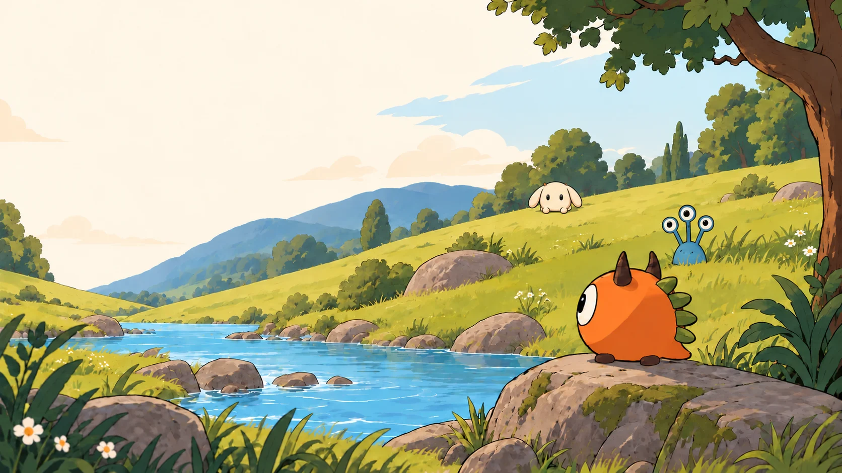 Three illustrated Oddmons enjoying a quiet grassy riverbank